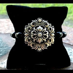 Onyx victorian gothic silver flower cz bracelet
